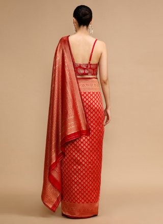 Red Silk Jacquard and Woven Work Trendy Saree