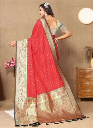 Red Silk Jacquard Work Classic Sari