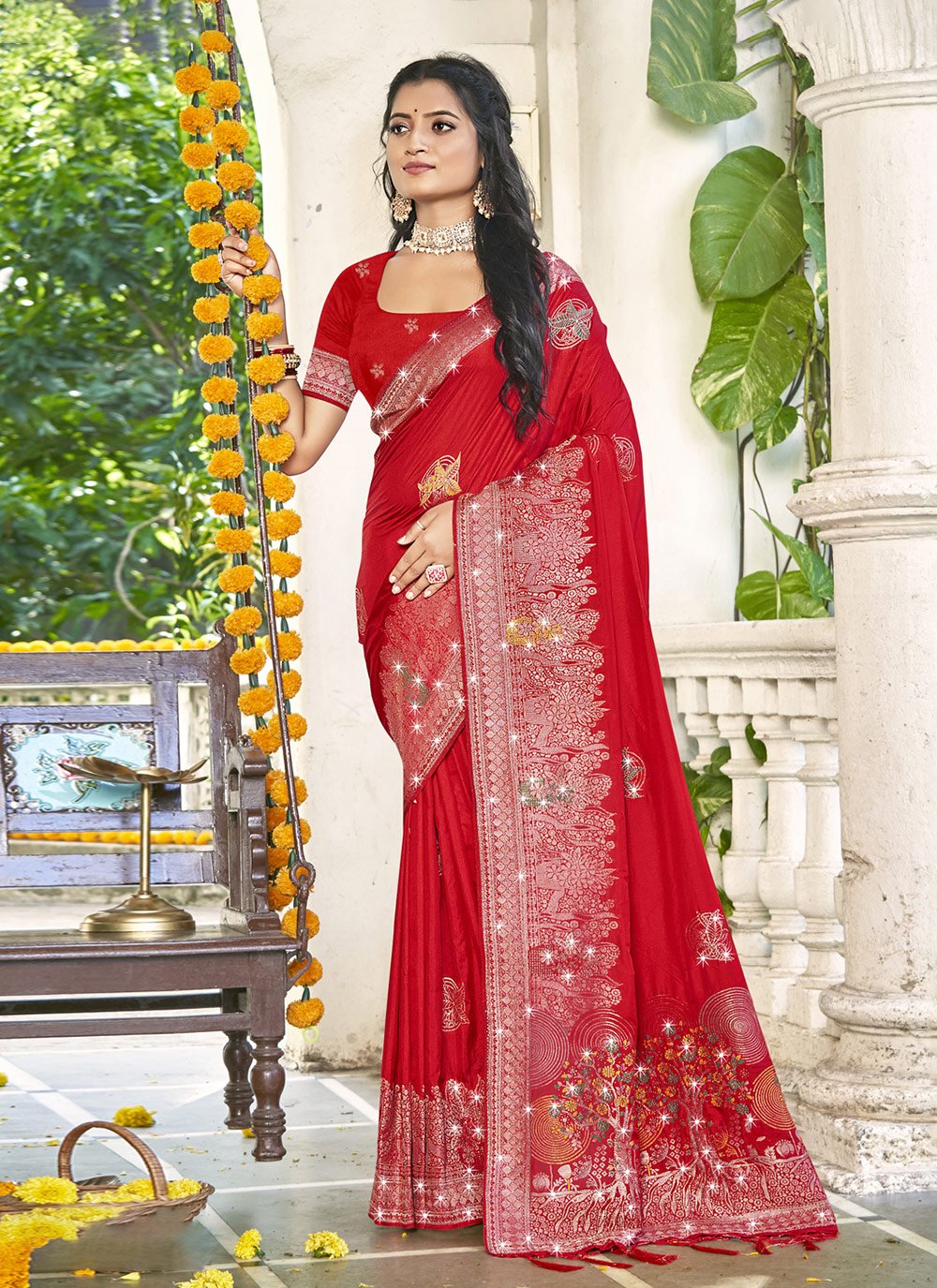 Red pittan work saree deals