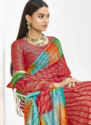 Red Silk Print Work Classic Sari