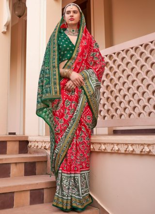 Red Silk Print Work Designer Saree