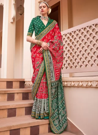 Red Silk Print Work Designer Saree