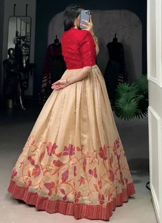 Red Silk Print Work Gown
