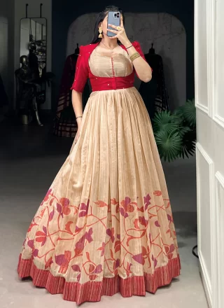 Red Silk Print Work Gown