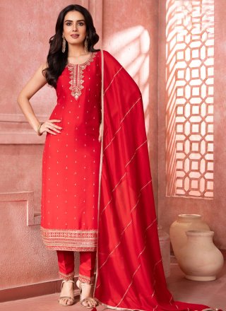 Red Silk Salwar Suit with Embroidered, Sequins and Zari Work