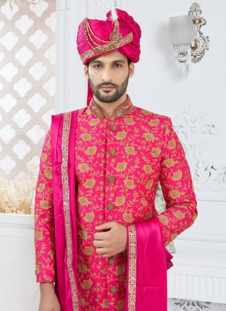 Red Silk Sherwani Mens Wear with Hand Work for Men