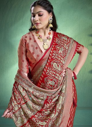 Red Silk Traditional Saree with Fancy and Print Work