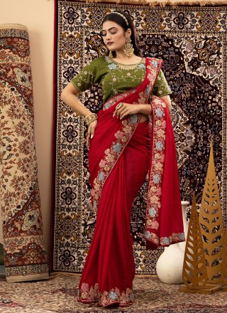 Red Silk Trendy Saree with Embroidered Work