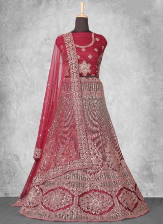 Red Velvet Cord, Embroidered and Sequins Work Lehenga Choli