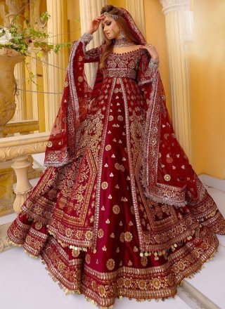 Red Velvet Lehenga Choli with Embroidered and Sequins Work for Ceremonial