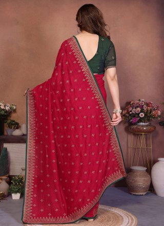 Red Vichitra Silk Classic Sari with Embroidered Work