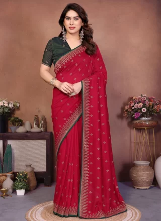 Red Vichitra Silk Classic Sari with Embroidered Work