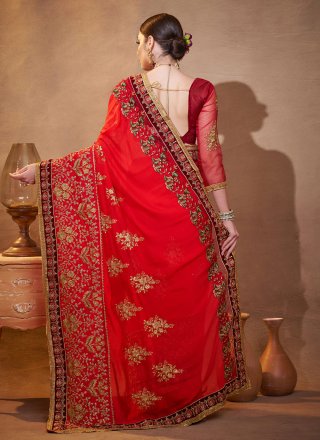 Red Vichitra Silk Contemporary Sari with Embroidered Work