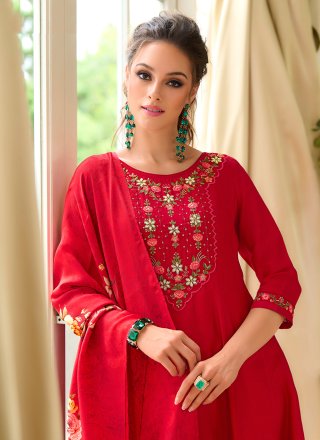 Red Vichitra Silk Embroidered and Hand Work Salwar Suit