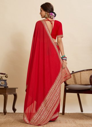 Red Vichitra Silk Embroidered and Lace Work Contemporary Sari