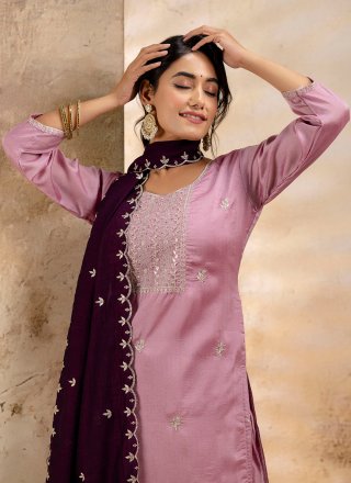 Refreshing Lavender Silk Blend Pant Style Suit with Embroidered Work