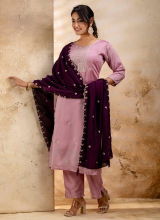 Refreshing Lavender Silk Blend Pant Style Suit with Embroidered Work