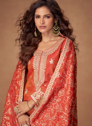 Refreshing Orange and Rust Shimmer Salwar Suit with Embroidered, Sequins and Zari Work