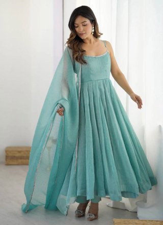 Regal Aqua Blue Cotton Anarkali Suit