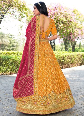 Remarkable Mustard Banarasi Silk Lehenga Choli with Embroidered, Jacquard and Zari Work
