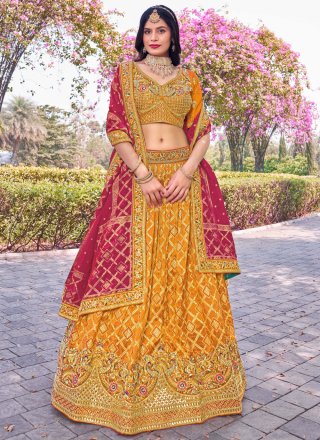 Remarkable Mustard Banarasi Silk Lehenga Choli with Embroidered, Jacquard and Zari Work