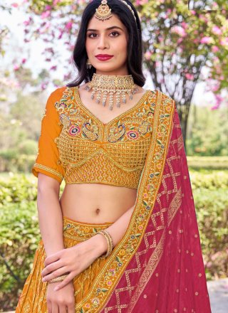 Remarkable Mustard Banarasi Silk Lehenga Choli with Embroidered, Jacquard and Zari Work