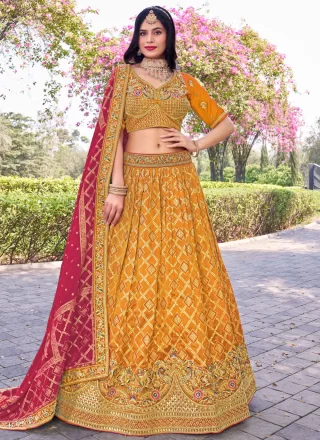 Remarkable Mustard Banarasi Silk Lehenga Choli with Embroidered, Jacquard and Zari Work