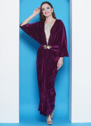 Renowned Maroon Velvet Gown with Embroidered Work
