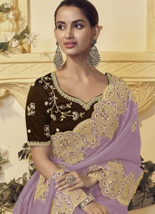 Resplendent Mauve Georgette Traditional Saree with Beads, Cord, Cut, Embroidered, Thread and Zari Work