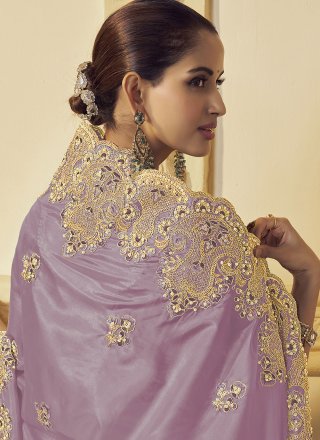 Resplendent Mauve Georgette Traditional Saree with Beads, Cord, Cut, Embroidered, Thread and Zari Work
