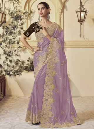 Resplendent Mauve Georgette Traditional Saree with Beads, Cord, Cut, Embroidered, Thread and Zari Work