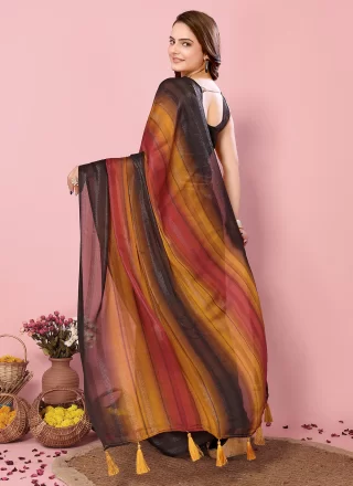 Resplendent Orange Silk Contemporary Sari with Print Work