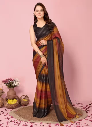 Resplendent Orange Silk Contemporary Sari with Print Work