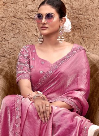 Resplendent Pink Satin Silk Bollywood Saree with Embroidered Work