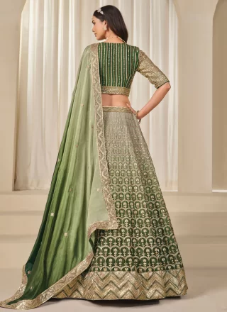 Riveting Green Chinon Lehenga Choli