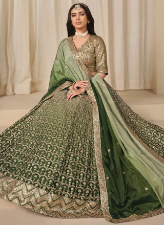 Riveting Green Chinon Lehenga Choli
