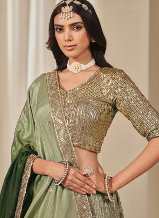 Riveting Green Chinon Lehenga Choli