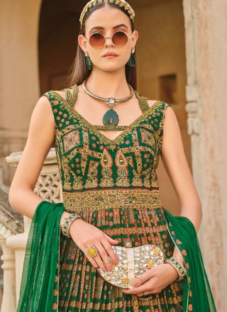 Riveting Green Silk  Designer Gown with Foil Print Work