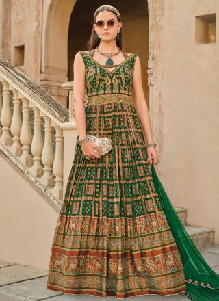 Riveting Green Silk  Designer Gown with Foil Print Work