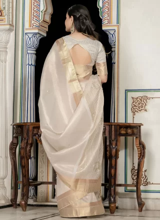 Riveting Off White Linen Classic Sari with Booti, Khatli and Zari Work