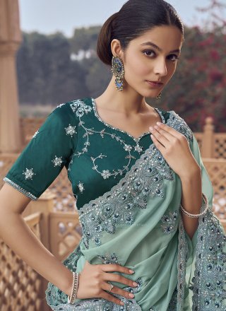 Riveting Sea Green Organza Classic Saree with Cord, Cut, Embroidered, Hand and Zari Work