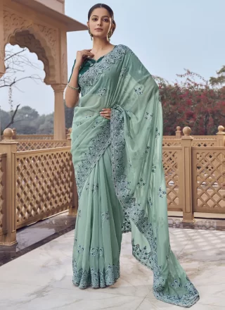 Riveting Sea Green Organza Classic Saree with Cord, Cut, Embroidered, Hand and Zari Work