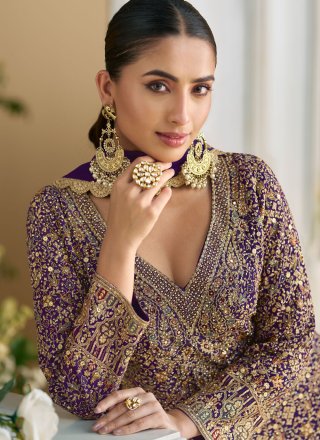 Riveting Violet Georgette Palazzo Salwar Suit with Embroidered, Stone and Zari Work