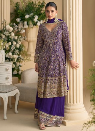 Riveting Violet Georgette Palazzo Salwar Suit with Embroidered, Stone and Zari Work