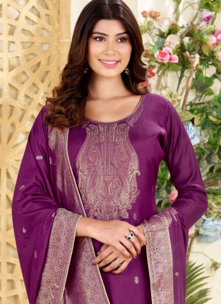 Ruritanian Purple Muslin Pant Style Suit with Jacquard Work