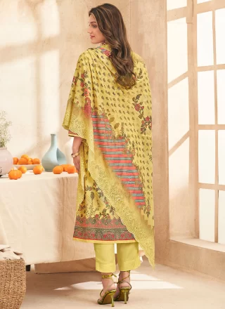Ruritanian Yellow Cotton Lawn Pant Style Suit with Digital Print, Resham, Thread and Zari Work