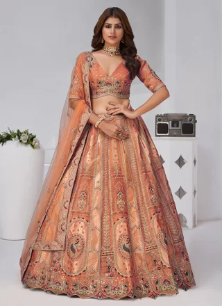 Rust Banarasi Silk A - Line Lehenga Choli with Embroidered Work
