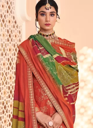 Rust Pure Dola Embroidered and Jacquard Work Pant Style Suit for Ceremonial