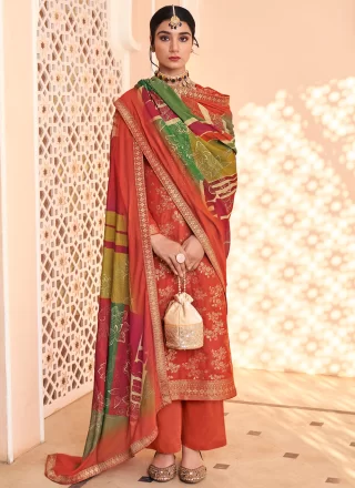 Rust Pure Dola Embroidered and Jacquard Work Pant Style Suit for Ceremonial