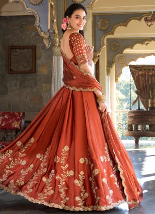 Rust Rangoli A - Line Lehenga Choli with Embroidered, Sequins, Thread and Zari Work